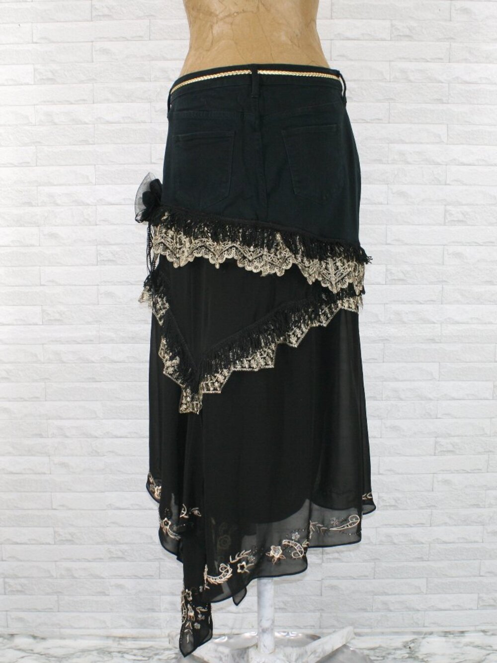 HAND CRAFTED Skirt Denim Maxi Upcycled Lace Floral Fringe Black Gold  12 - Picture 6 of 16